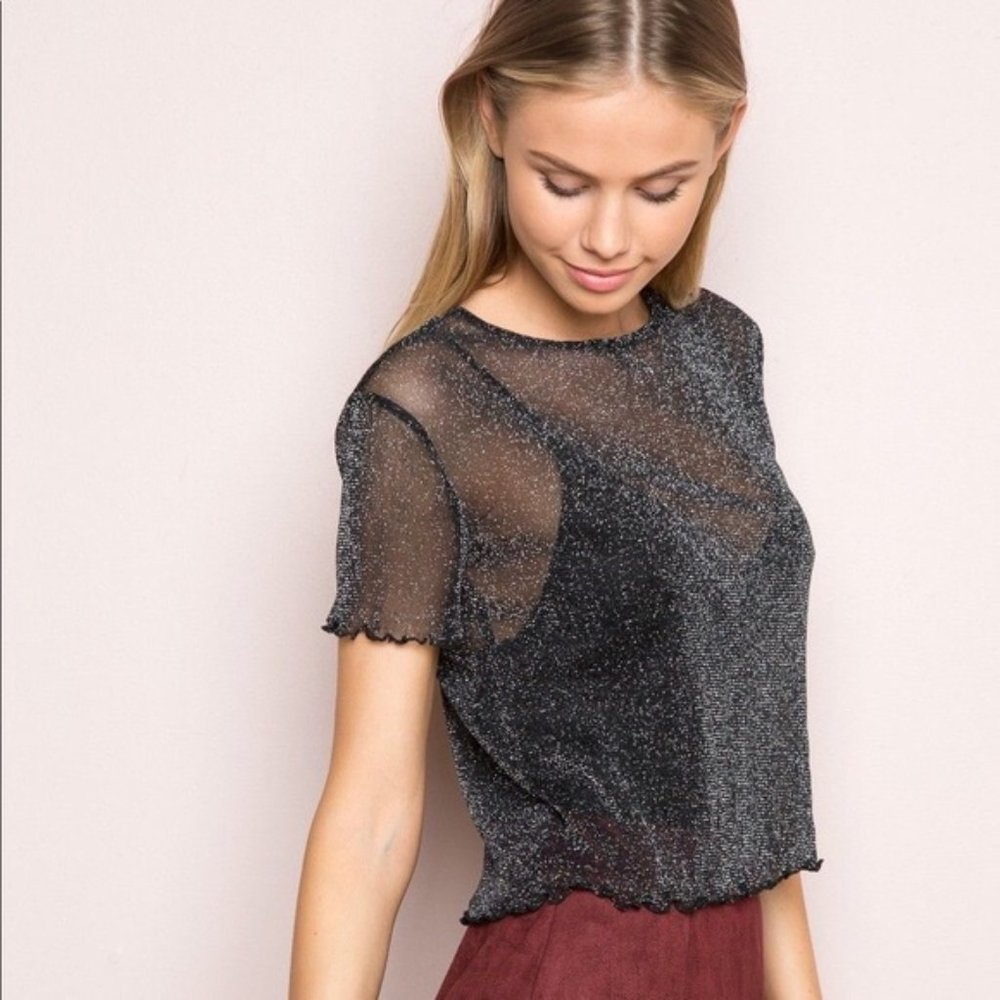 Brandy Melville black sparkly mesh short sleeve shirt